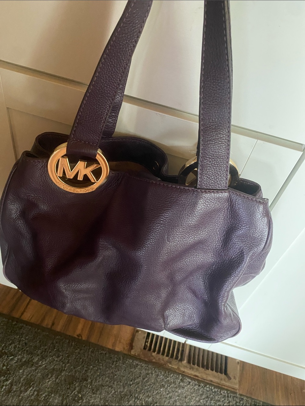 Michael Kors Deep Plum Leather Shoulder Bag with Gold MK Accent